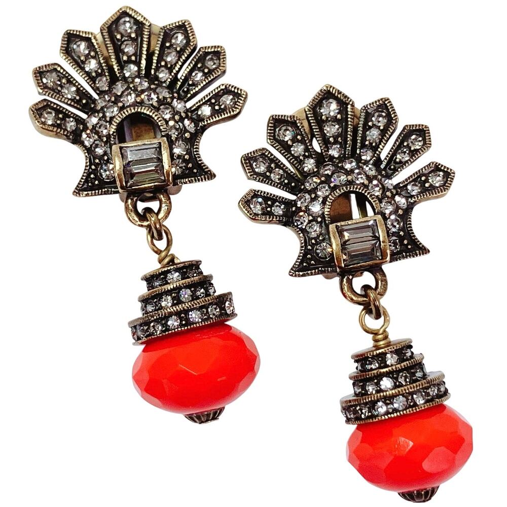 Signed Heidi Daus Red Deco Swarovski Crystal Clip On Earrings Dangle Drop VTG
